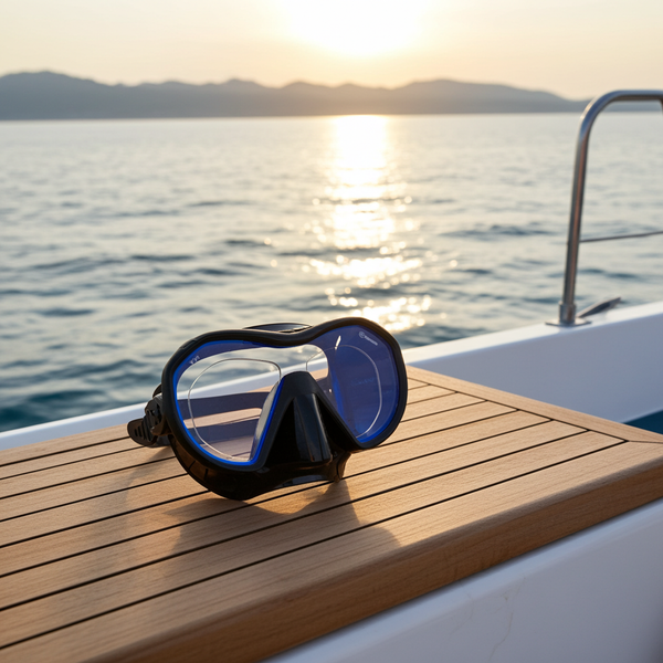 Scuba diving mask on a boat deck with a sunset over water background