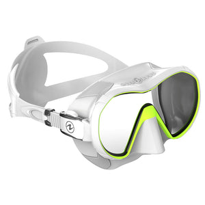 Aqualung Plazma frameless diving mask in white and yellow with soft silicone skirt and quick-fit buckles