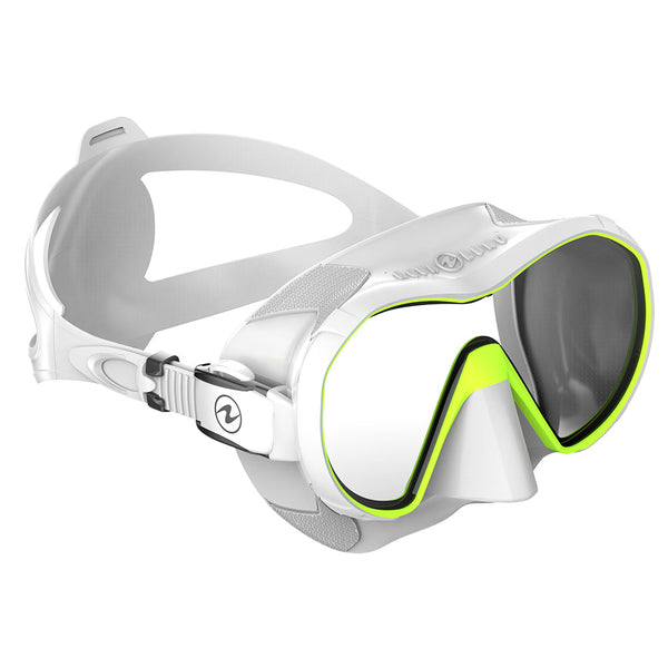Aqualung Plazma frameless diving mask in white and yellow with soft silicone skirt and quick-fit buckles